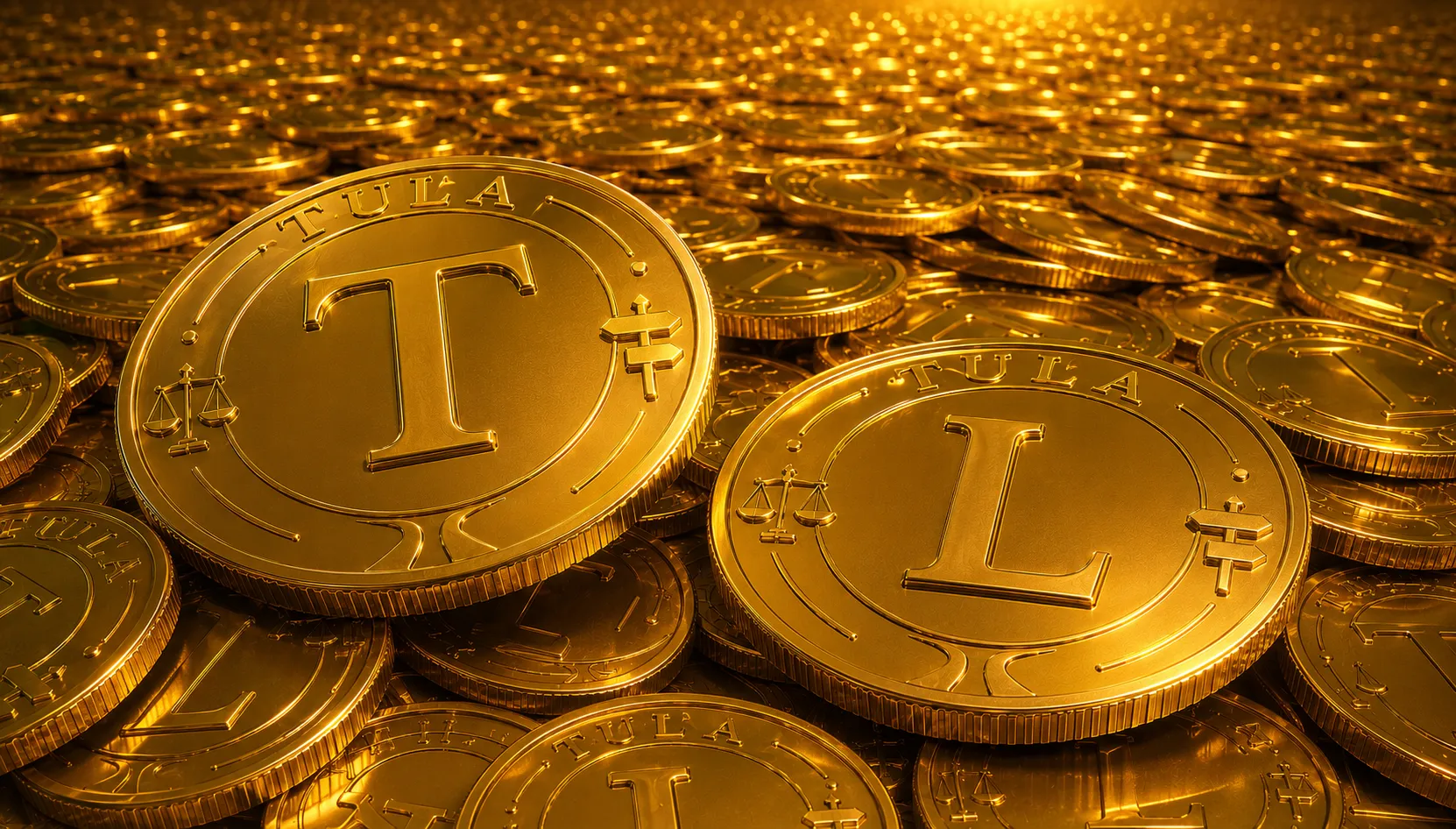Goldene Münzen mit der Prägung „Tula“ und den Symbolen T und L
